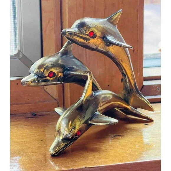 VTG Brass Swimming Jumping Three Dolphins Figurine Sculpture Statue 3.5” Marine - Picture 2 of 11